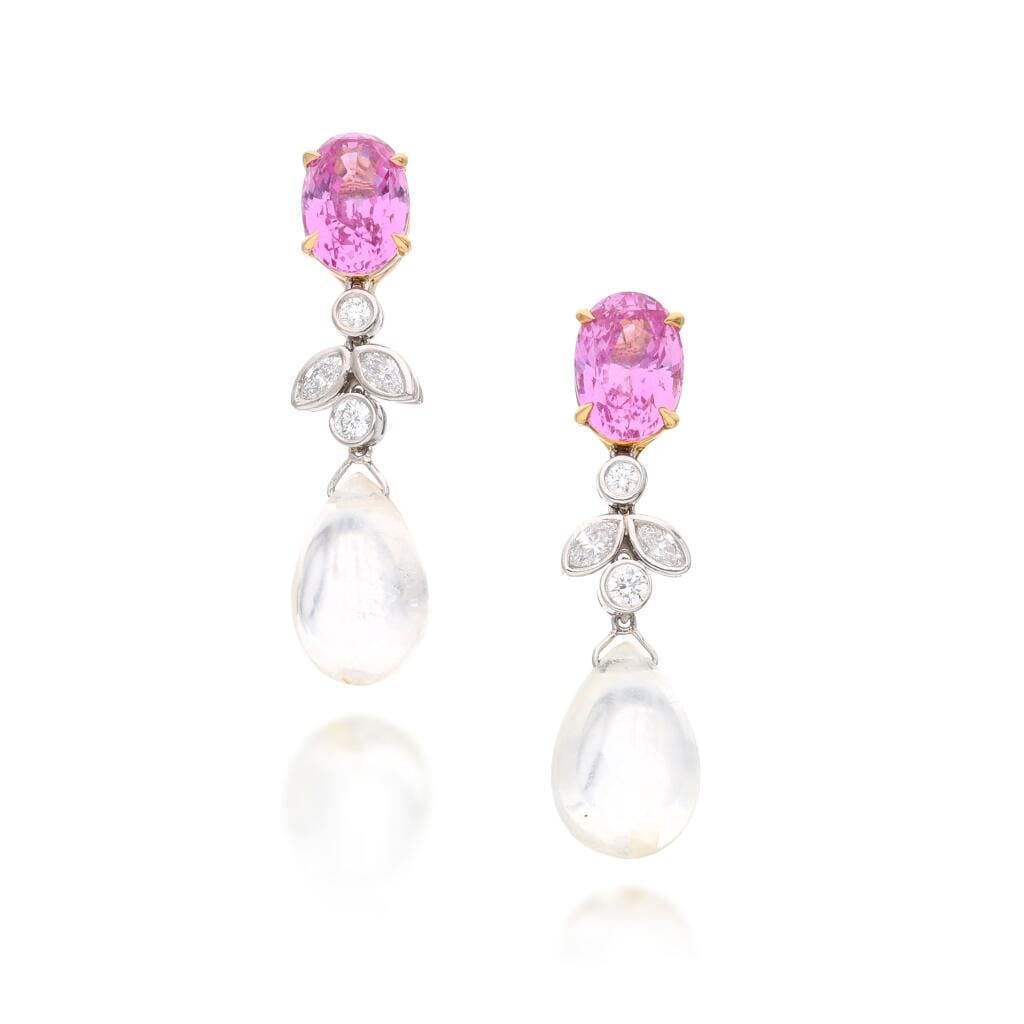 Platinum, Gold, Pink Sapphire, White Sapphire and Diamond Drop Earclips