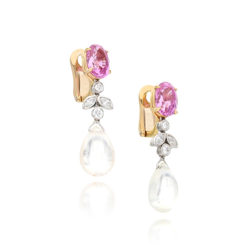 Platinum, Gold, Pink Sapphire, White Sapphire and Diamond Drop Earclips
