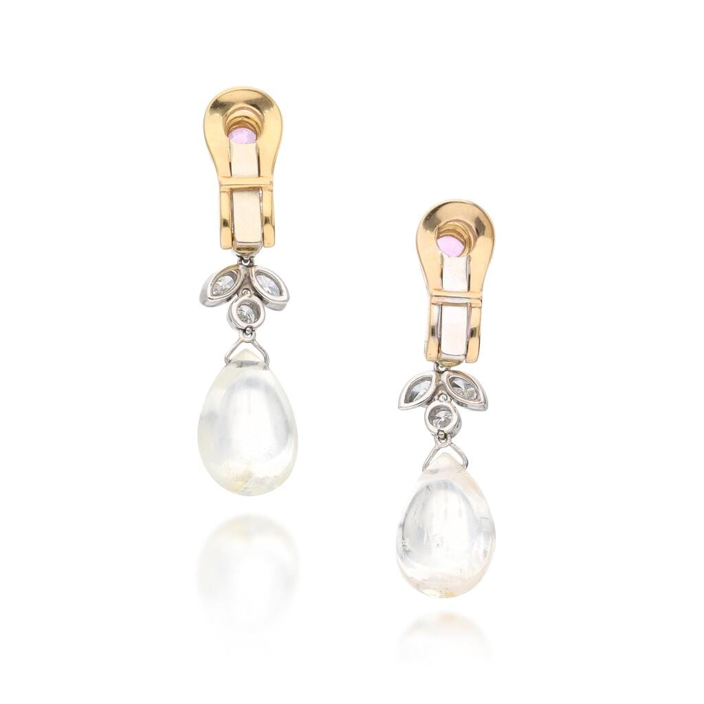 Platinum, Gold, Pink Sapphire, White Sapphire and Diamond Drop Earclips