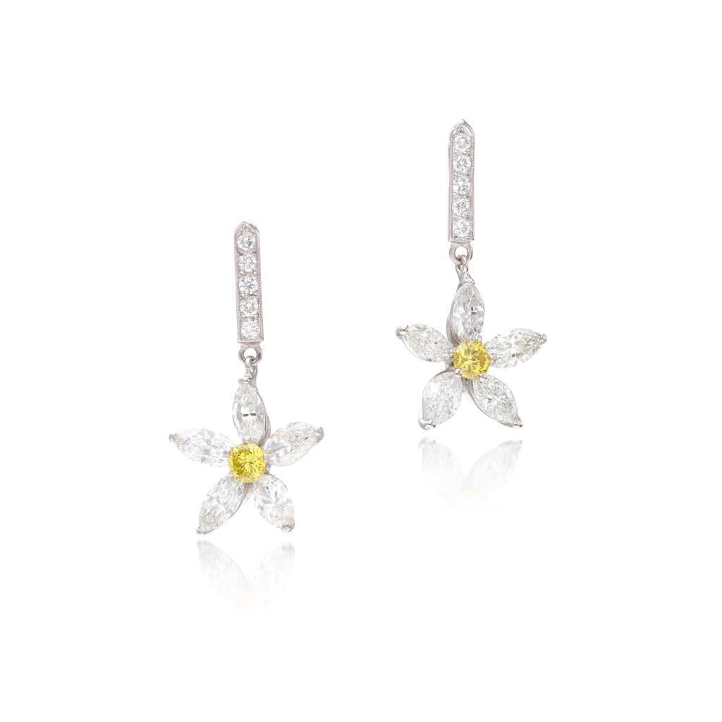 Platinum, Yellow Diamond and Diamond Drop Earrings