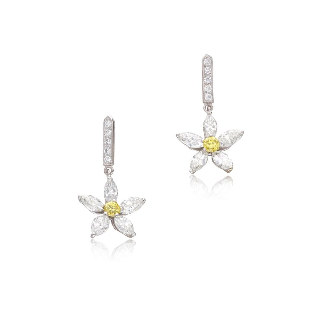 Platinum, Yellow Diamond and Diamond Drop Earrings