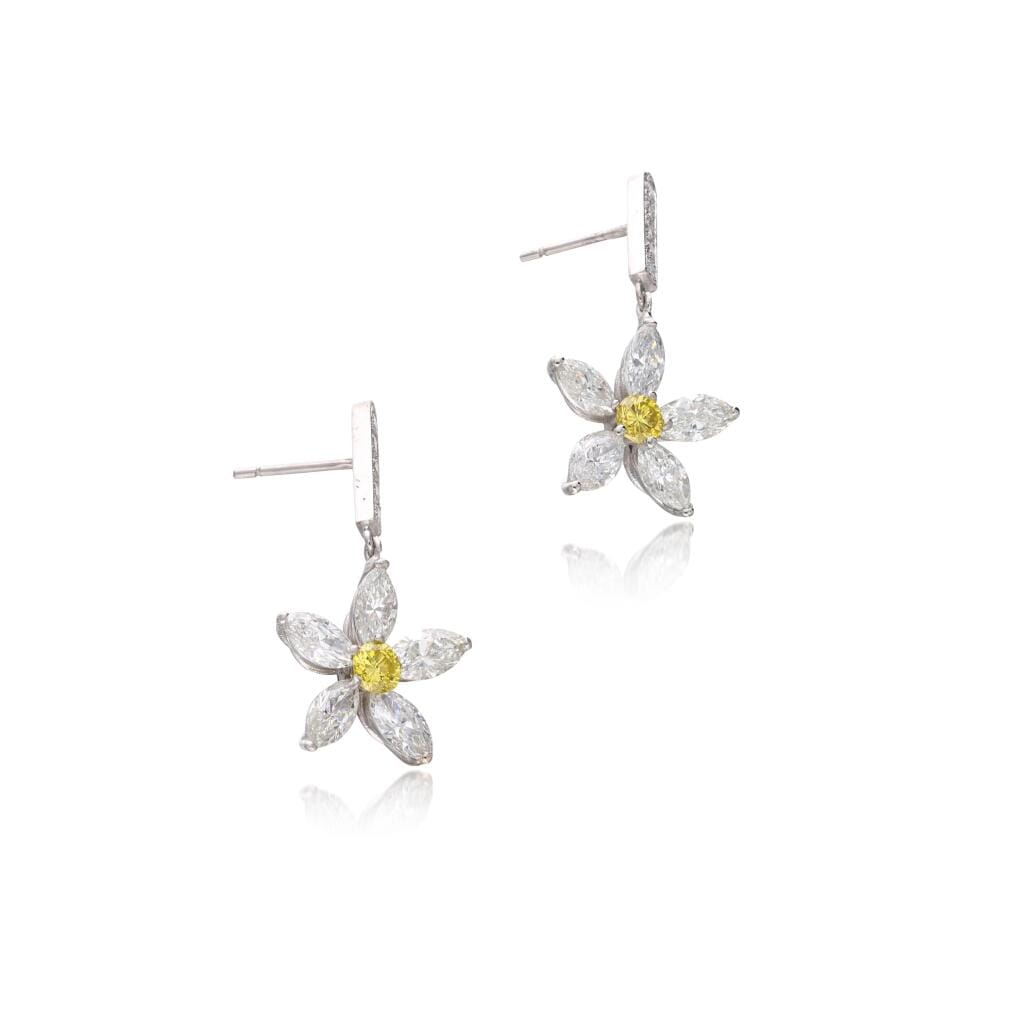 Platinum, Yellow Diamond and Diamond Drop Earrings