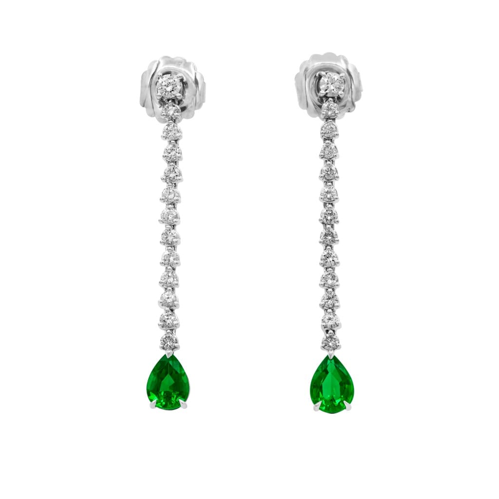 White Gold, Emerald and Diamond Drop Earrings