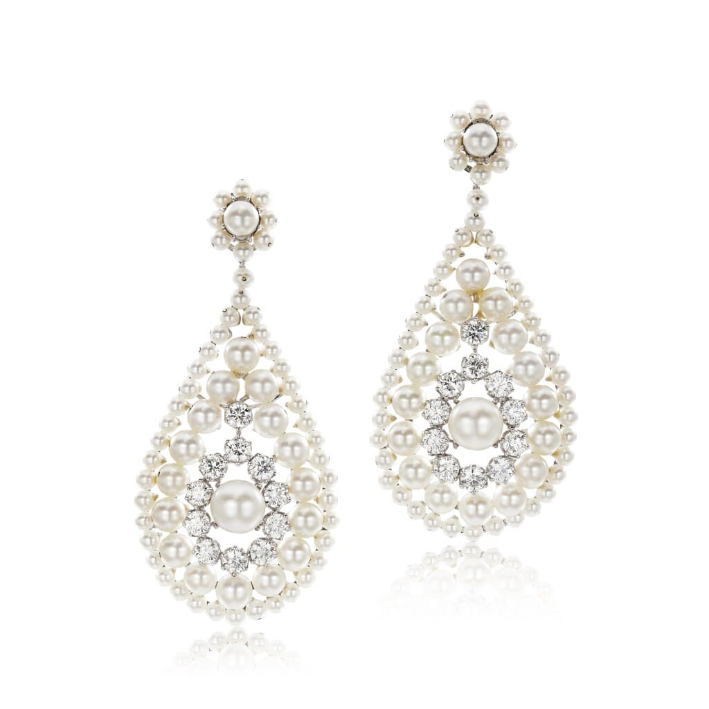 White Gold, Cultured Pearl and Diamond Pendant Earrings