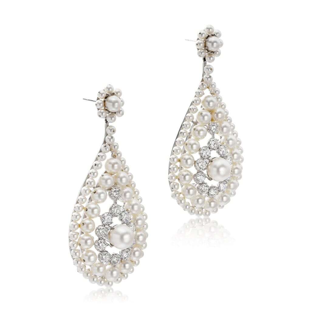 White Gold, Cultured Pearl and Diamond Pendant Earrings