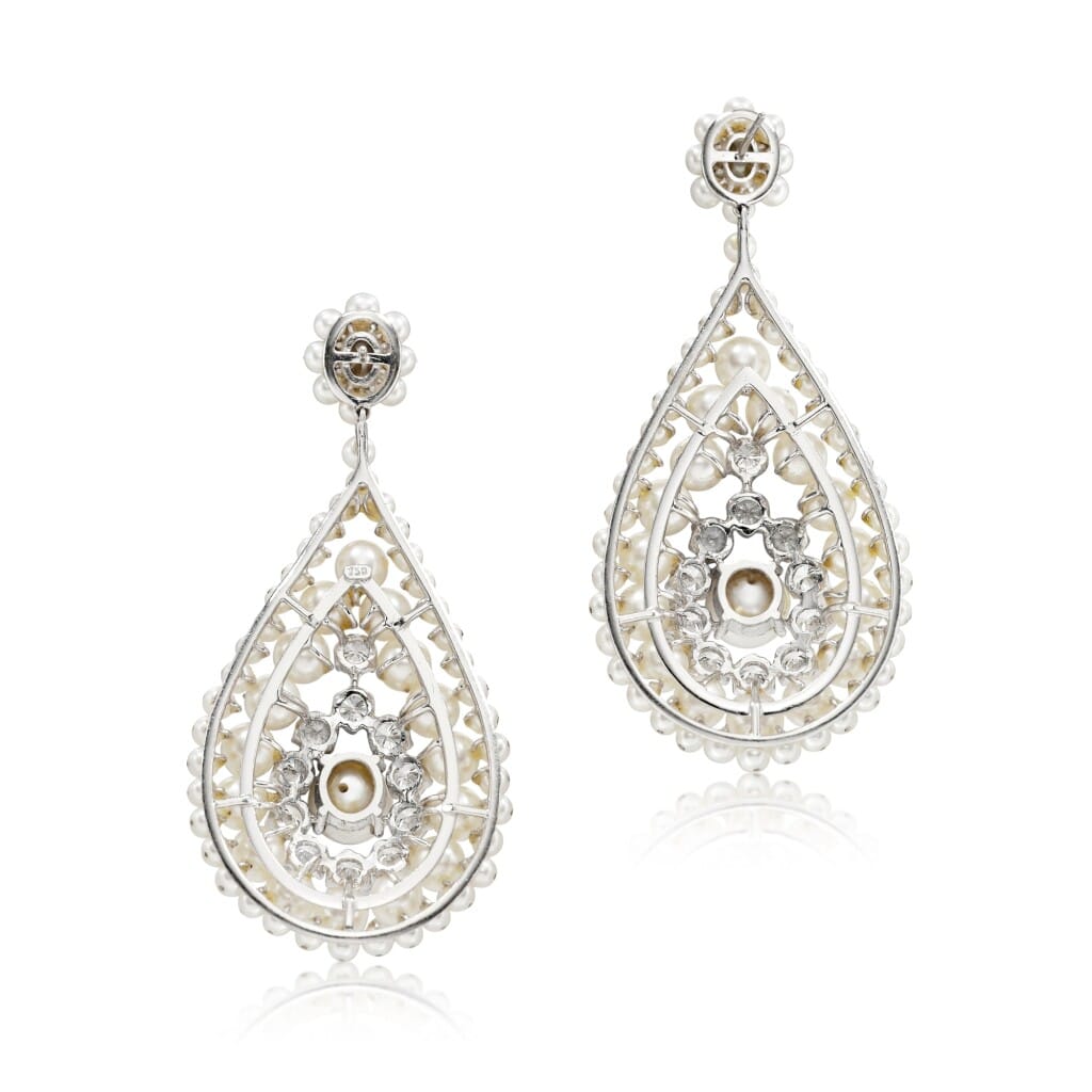 White Gold, Cultured Pearl and Diamond Pendant Earrings