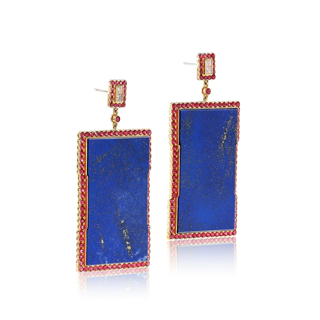 Gold, Lapis Lazuli, Ruby and Diamond Pendant Earrings
