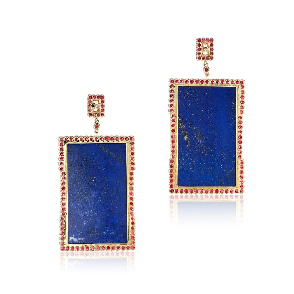 Gold, Lapis Lazuli, Ruby and Diamond Pendant Earrings