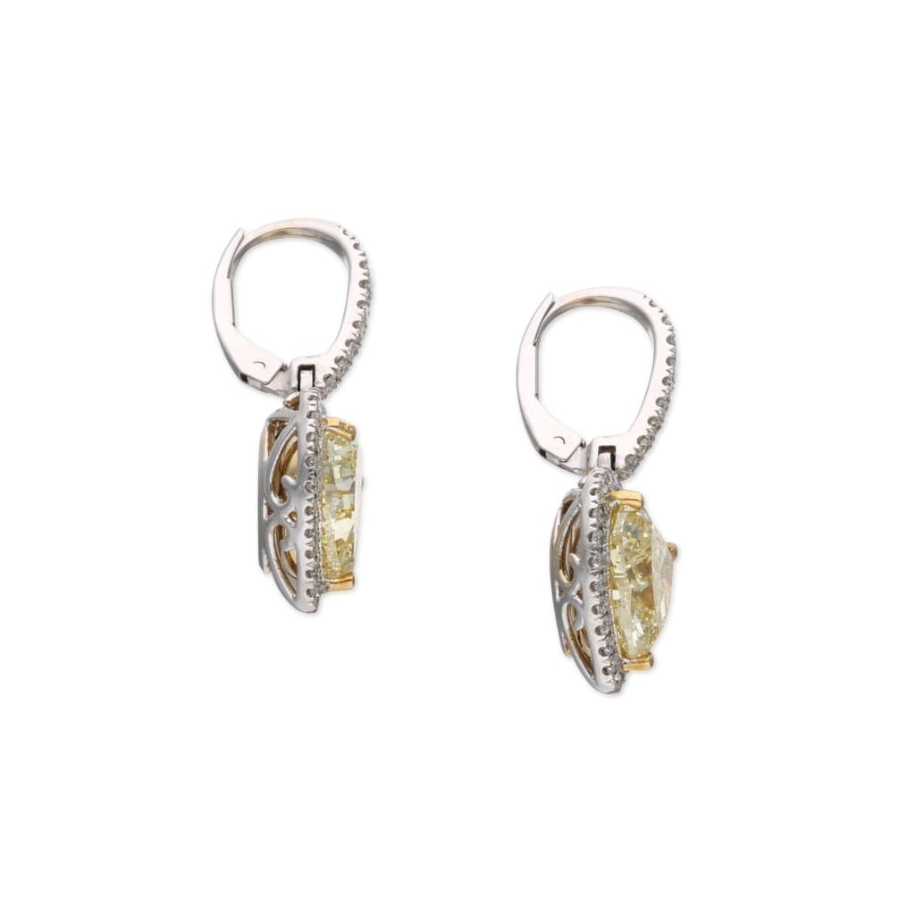Gold and 6.53ctw Heart Shape Fancy Yellow Diamond Drop Earrings