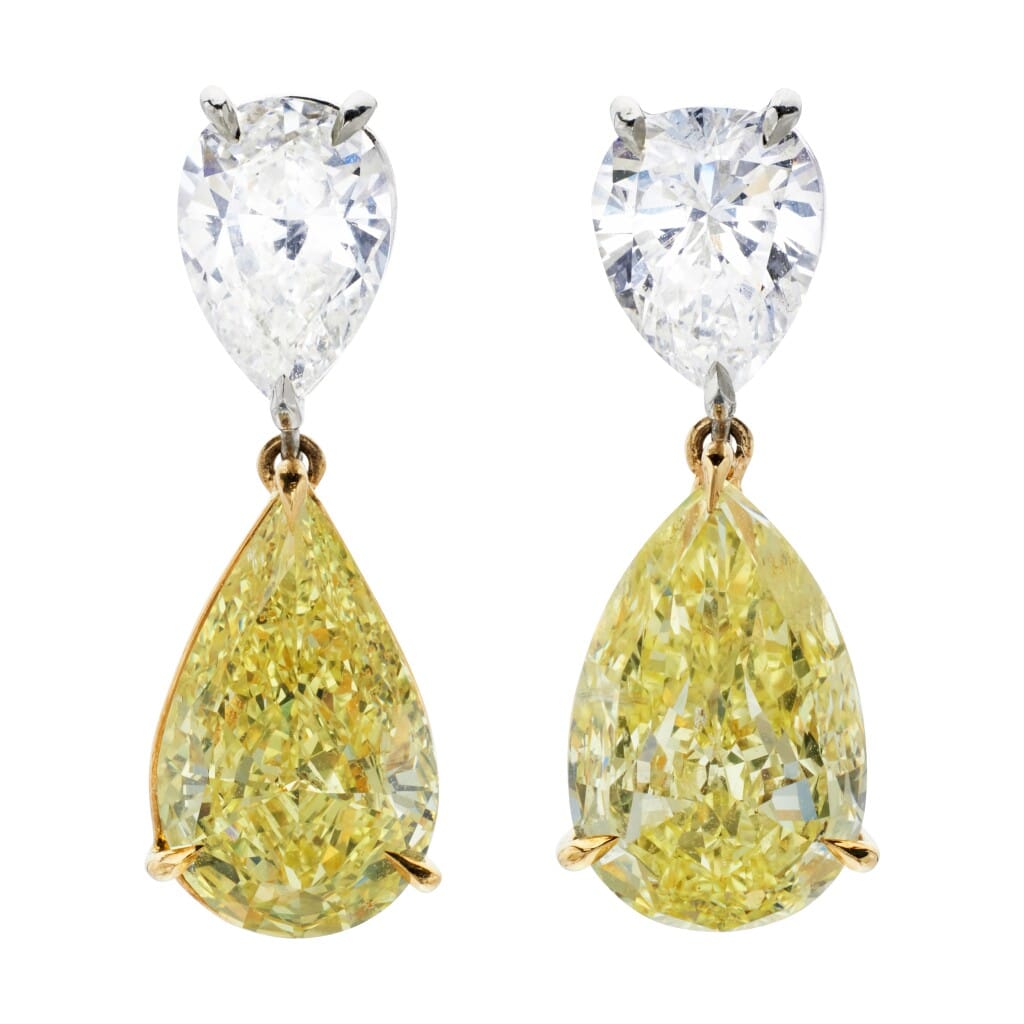 Gold, 3.60ct Pear Shaped Yellow Diamond and Diamond Drop Earrings