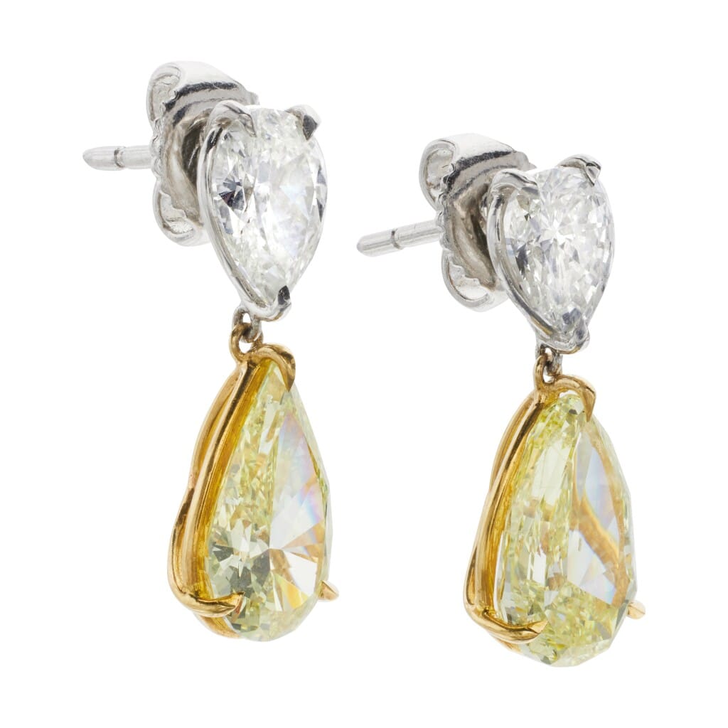 Gold, 3.60ct Pear Shaped Yellow Diamond and Diamond Drop Earrings