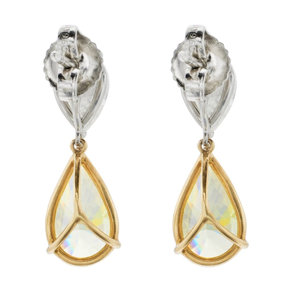 Gold, 3.60ct Pear Shaped Yellow Diamond and Diamond Drop Earrings