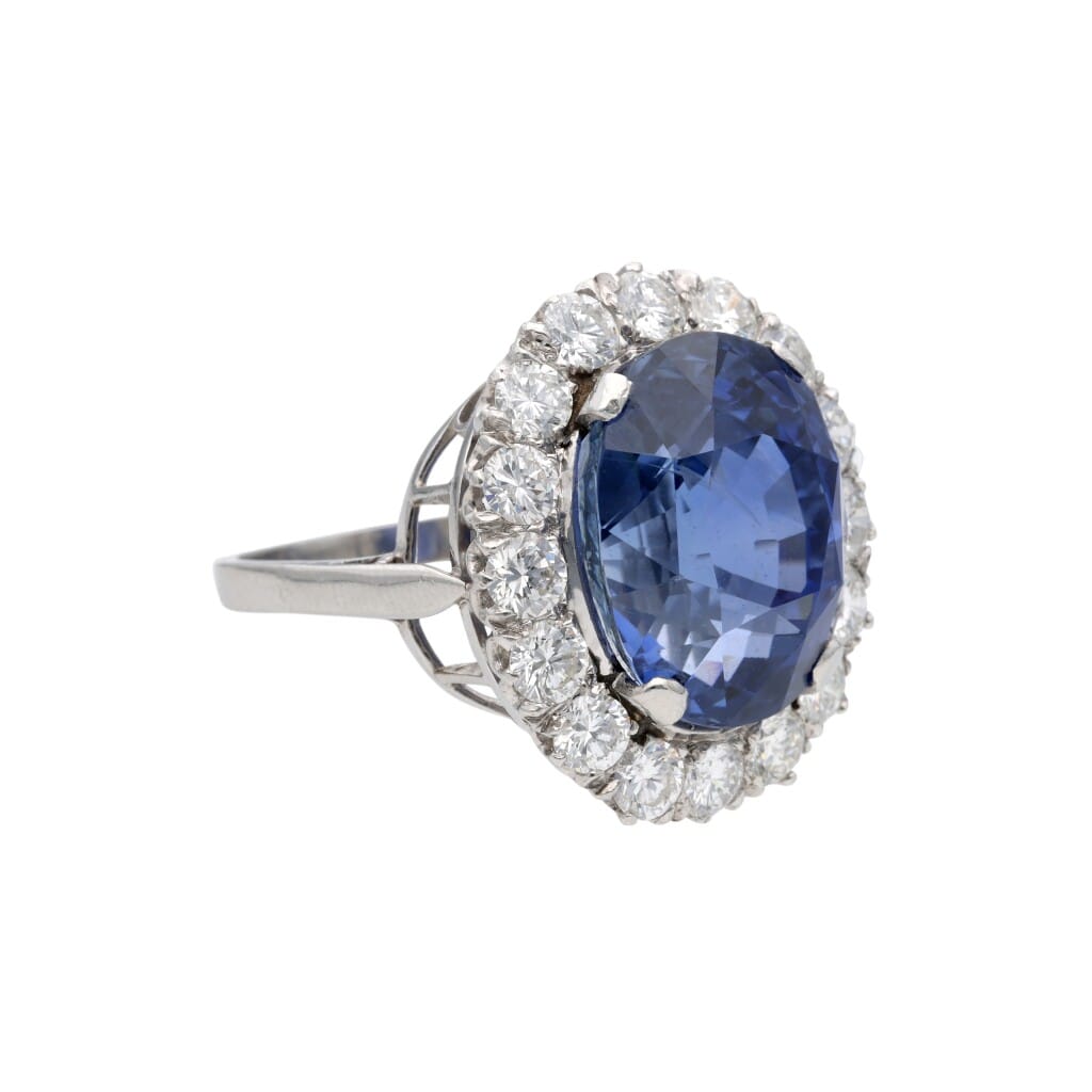 Platinum, 18.02ct Ceylon Sapphire and Diamond Halo Ring