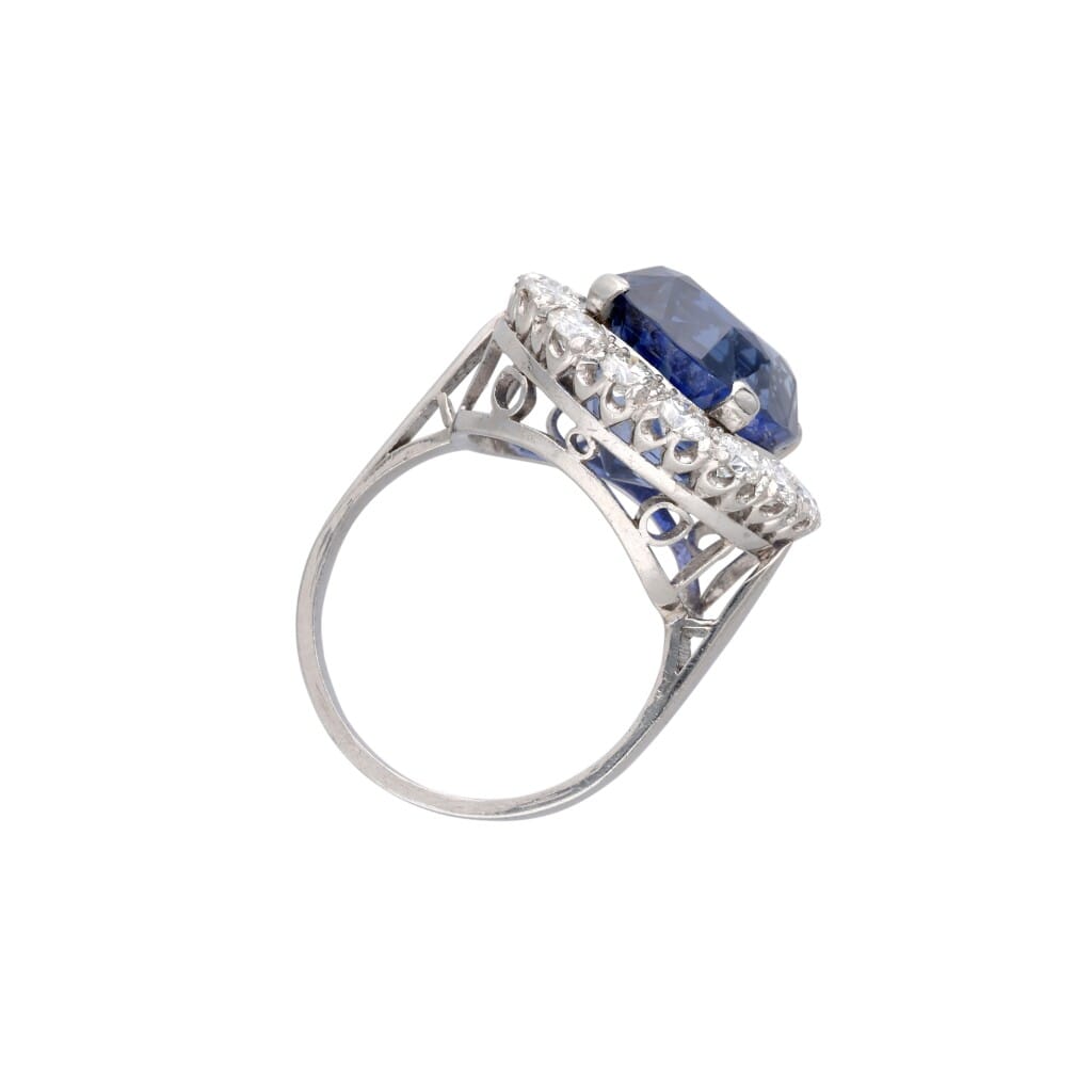 Platinum, 18.02ct Ceylon Sapphire and Diamond Halo Ring