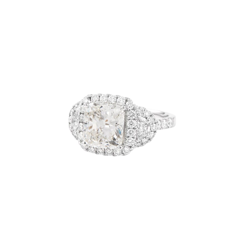 White Gold, 3.05ct Cushion Cut Diamond and Diamond Three Stone Ring