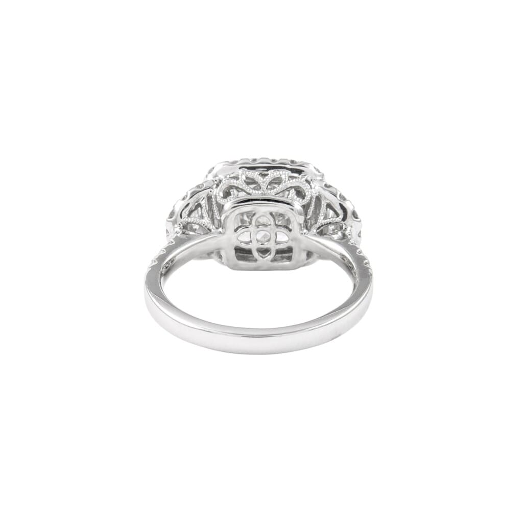White Gold, 3.05ct Cushion Cut Diamond and Diamond Three Stone Ring