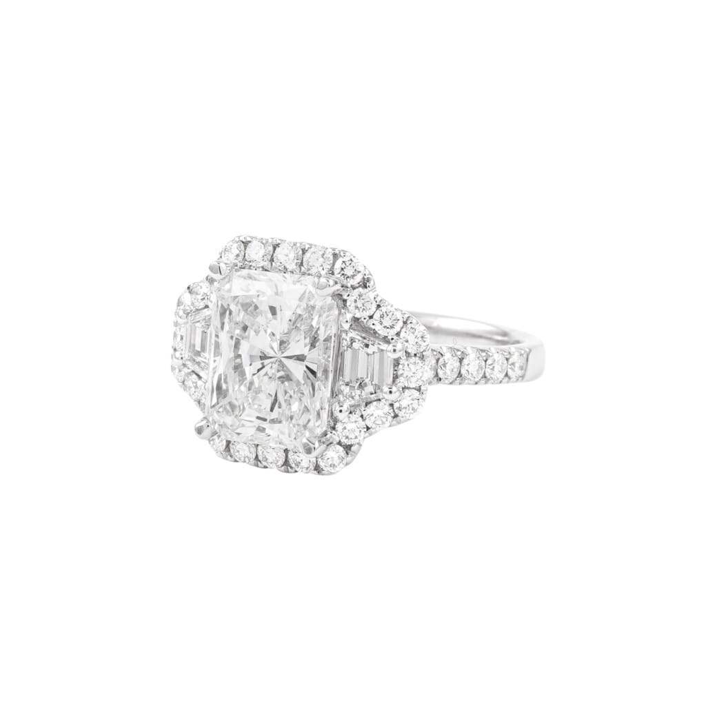 White Gold, 3.00ct Radiant Cut Diamond and Diamond Three Stone Ring