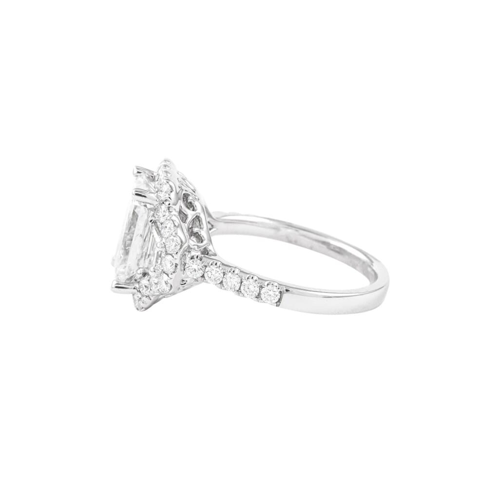 White Gold, 3.00ct Radiant Cut Diamond and Diamond Three Stone Ring