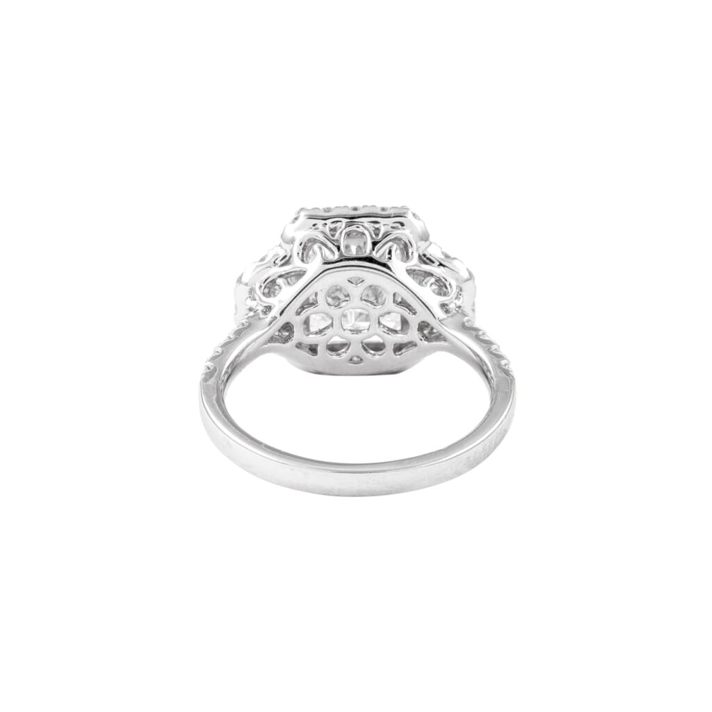 White Gold, 3.00ct Radiant Cut Diamond and Diamond Three Stone Ring