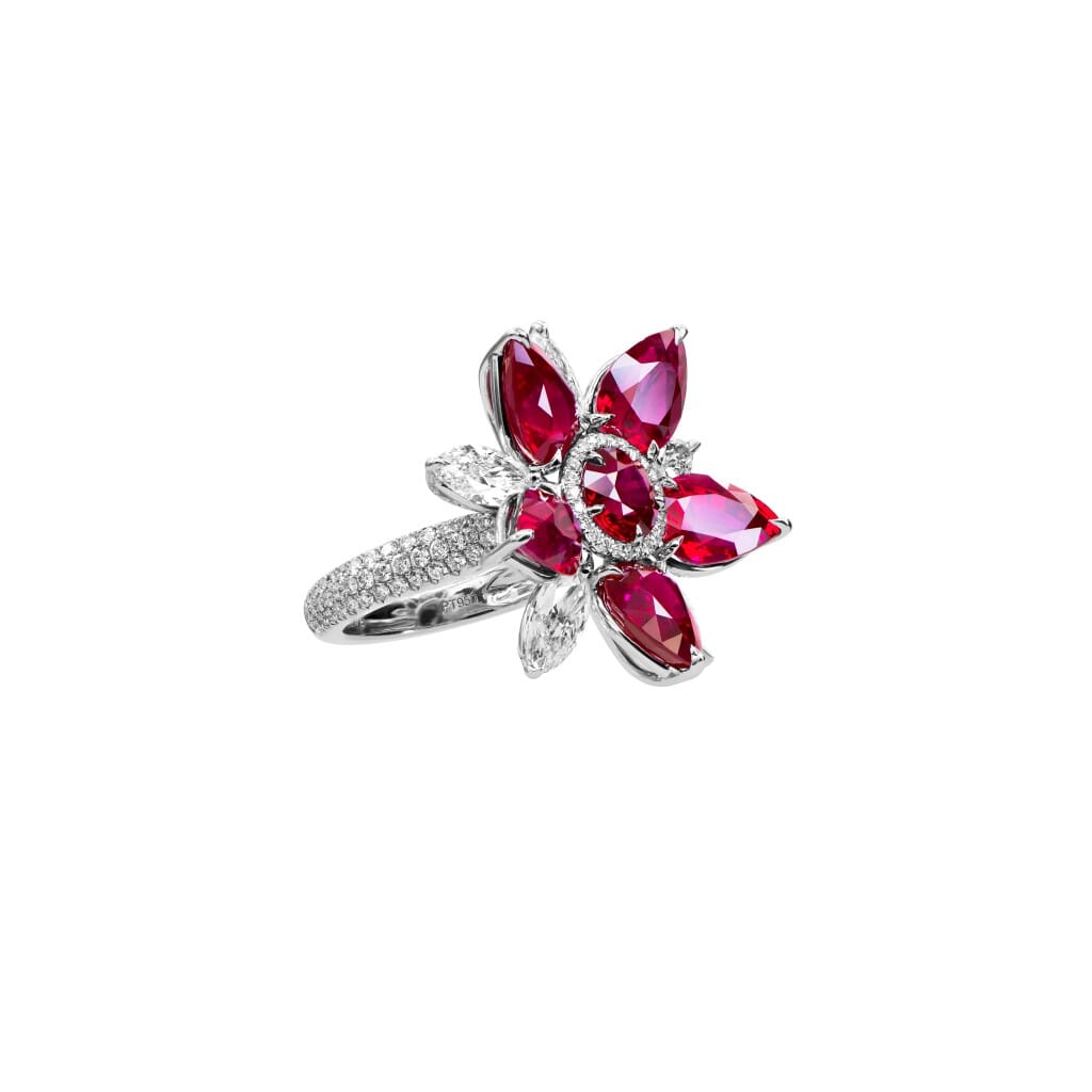 Platinum, 10.54ct Burmese Ruby and Diamond Flower Ring