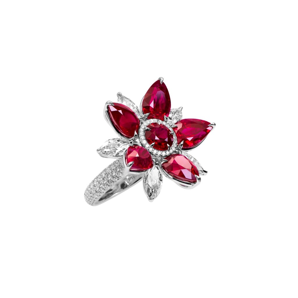 Platinum, 10.54ct Burmese Ruby and Diamond Flower Ring
