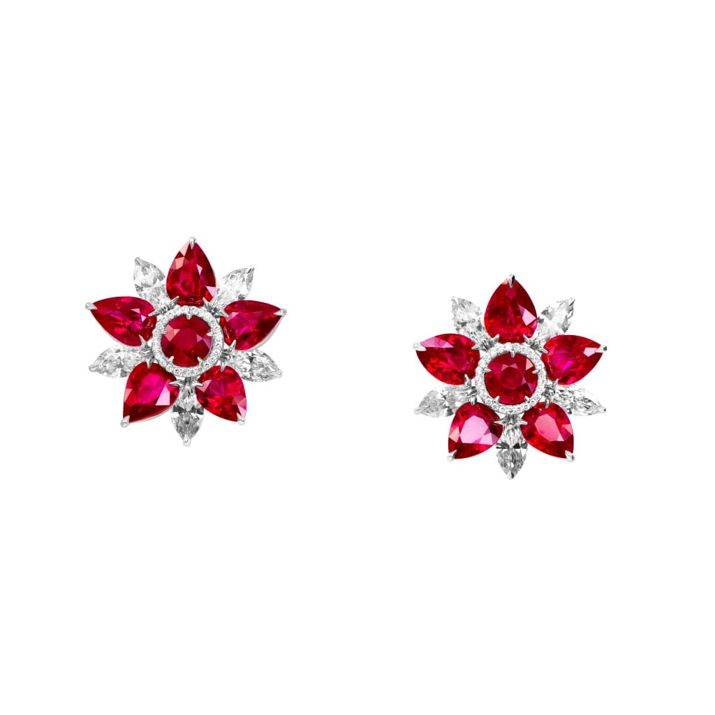 Platinum, 14.56ct Burmese Ruby and Diamond Flower Earclips