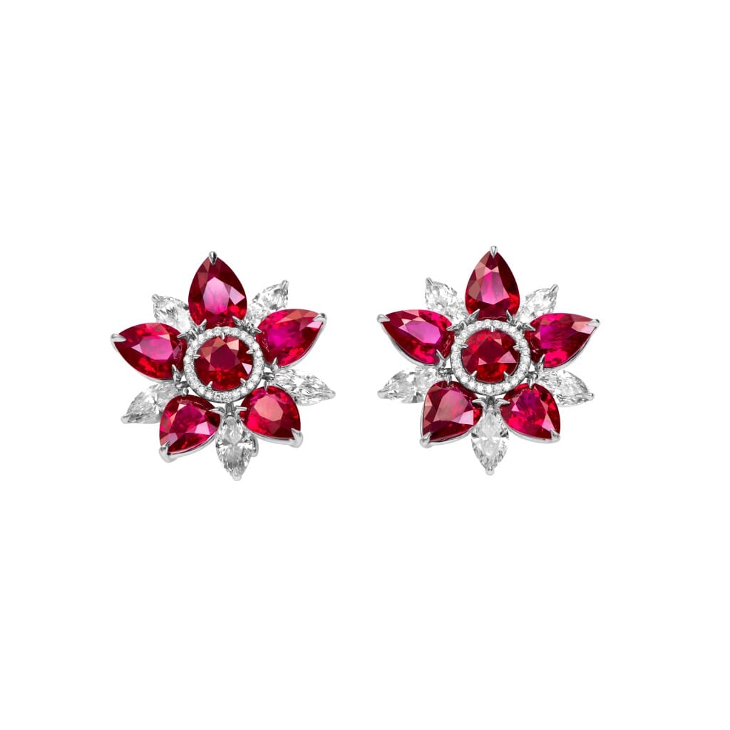 Platinum, 14.56ct Burmese Ruby and Diamond Flower Earclips