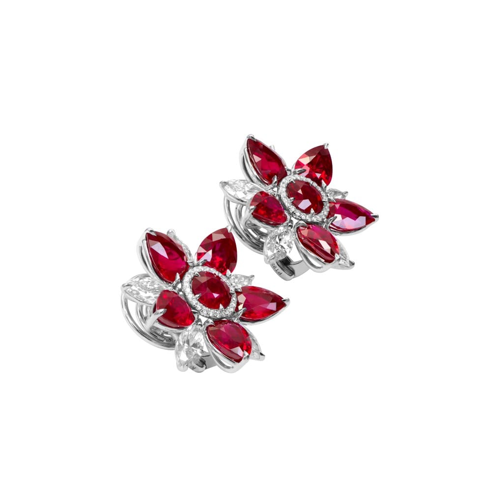 Platinum, 14.56ct Burmese Ruby and Diamond Flower Earclips