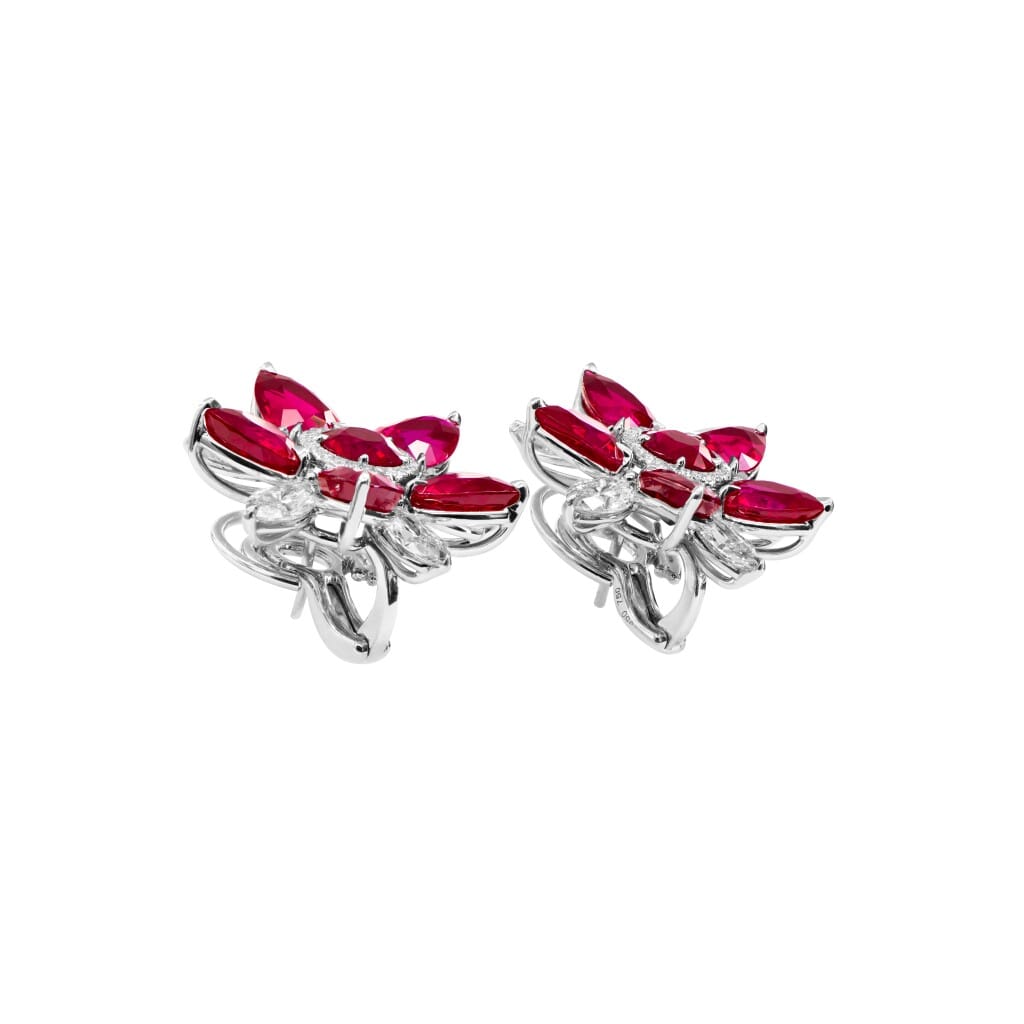 Platinum, 14.56ct Burmese Ruby and Diamond Flower Earclips