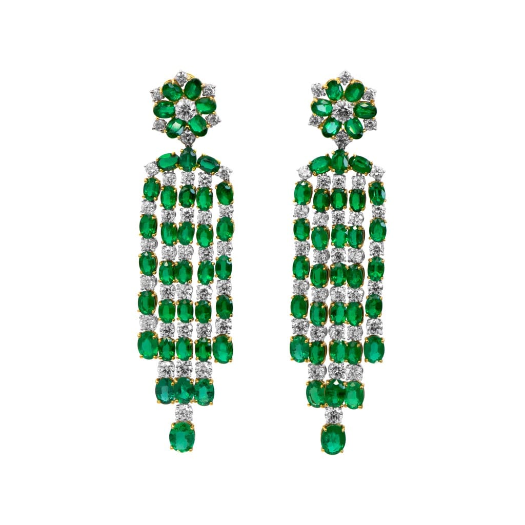 Gold, Emerald and Diamond Cascading Earclips