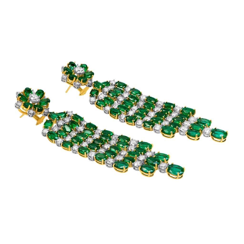 Gold, Emerald and Diamond Cascading Earclips