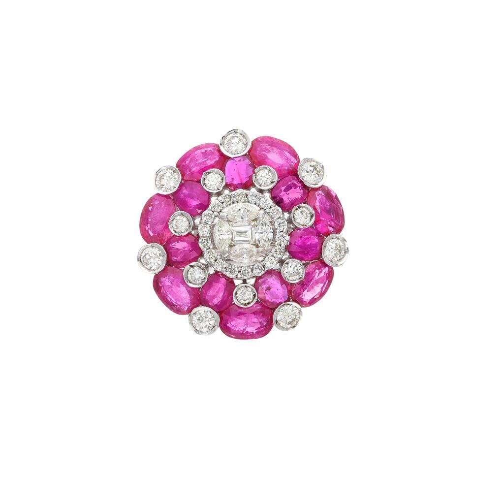 White Gold, Ruby and Diamond Floral Ring