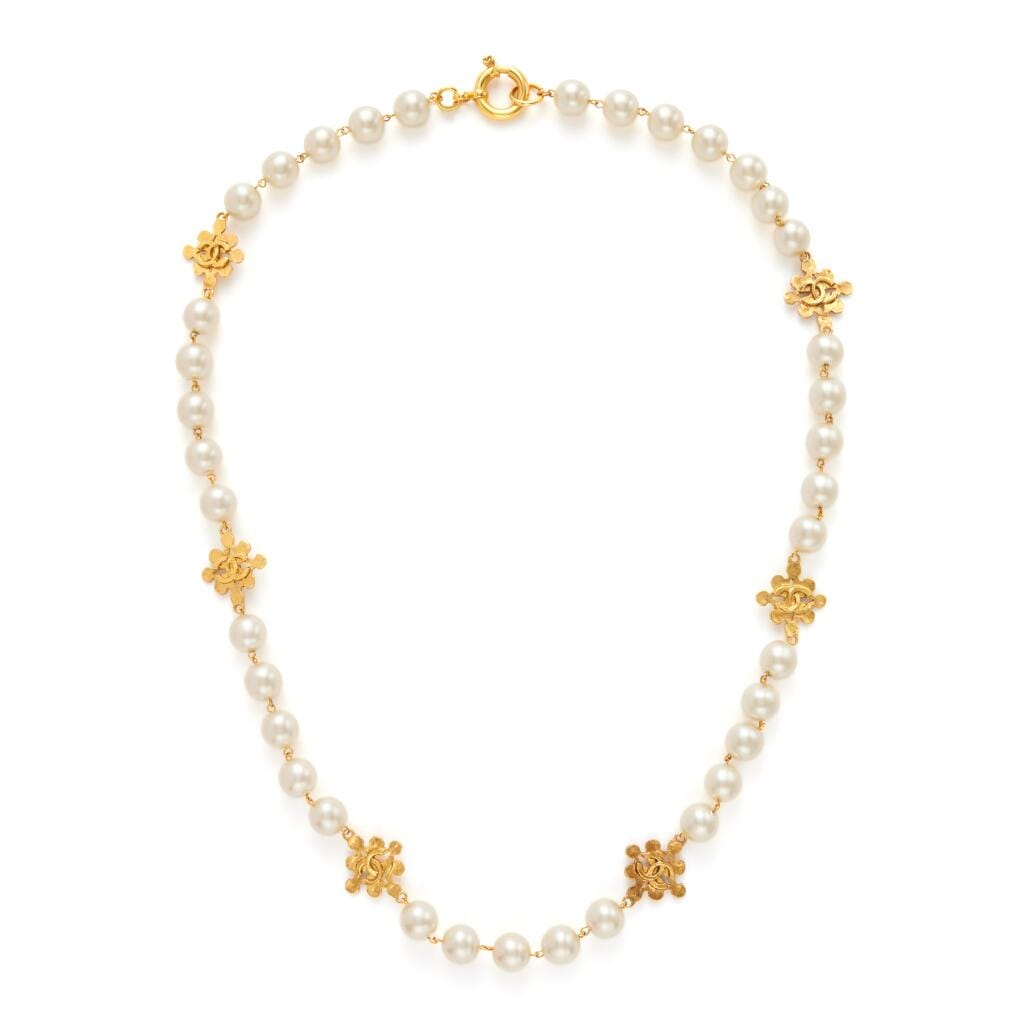 Imitation Pearl and Gold Metal CC Necklace, 1994