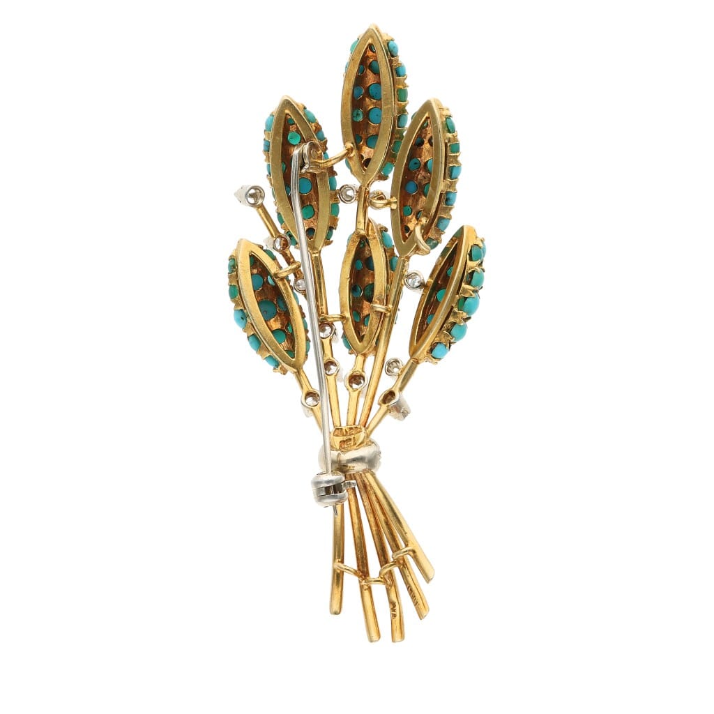 Gold, Turquoise and Diamond Brooch