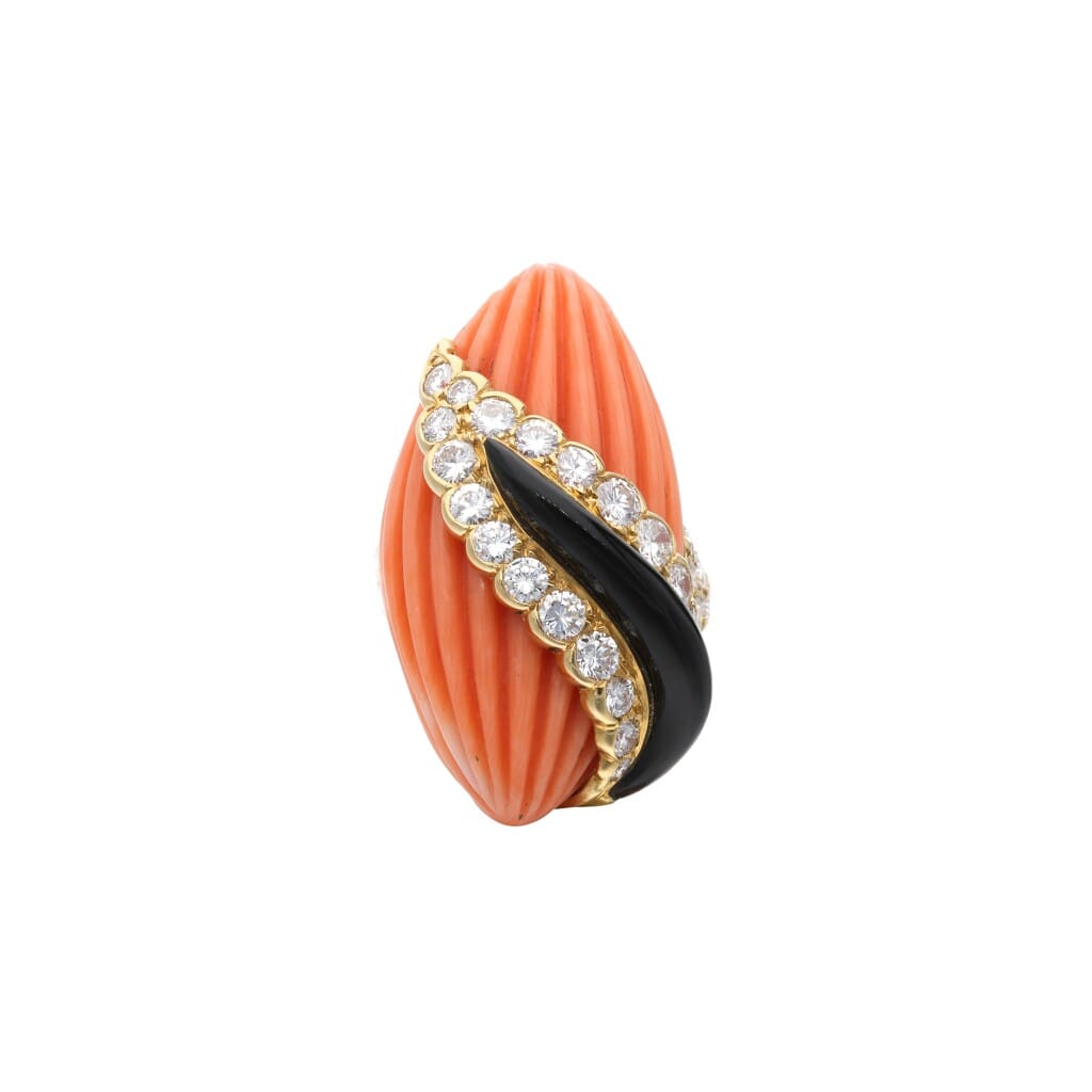 Gold, Coral, Onyx and Diamond Ring
