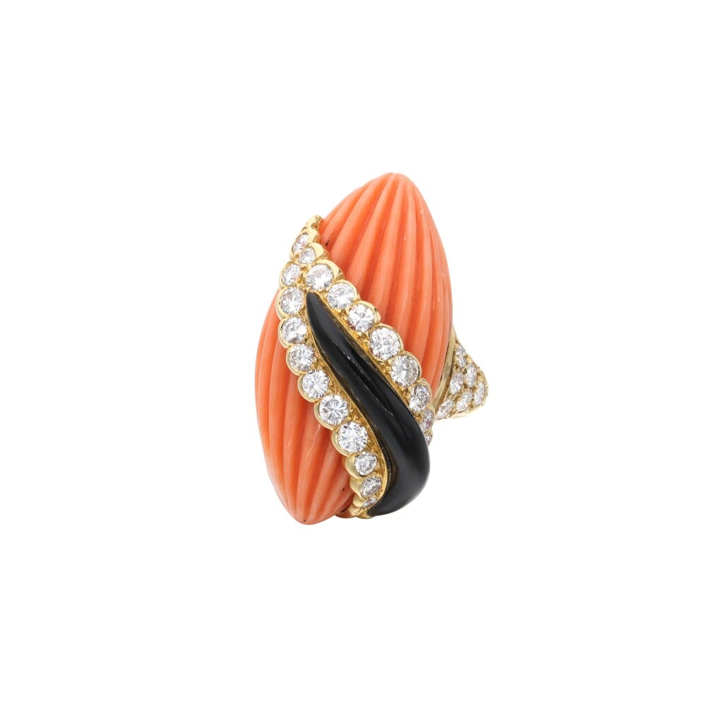 Gold, Coral, Onyx and Diamond Ring