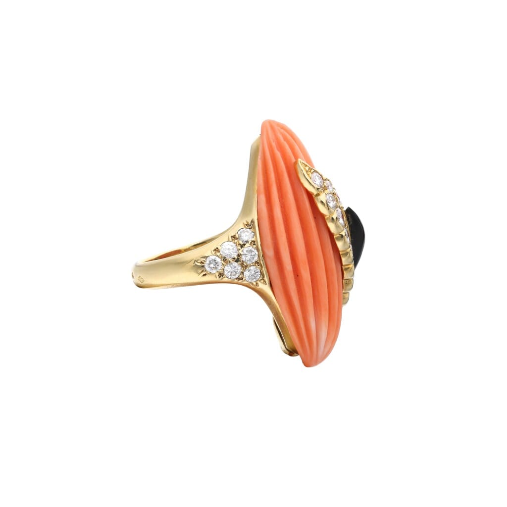 Gold, Coral, Onyx and Diamond Ring