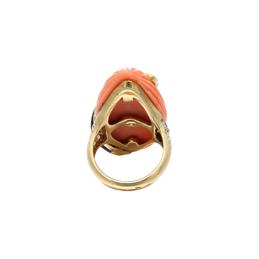 Gold, Coral, Onyx and Diamond Ring