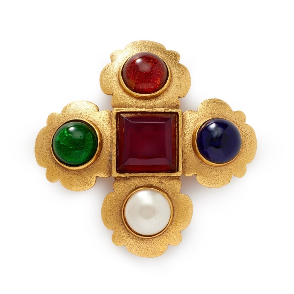 Multicolor Gripoix Glass, Imitation Pearl and Gold Metal Brooch, 1991