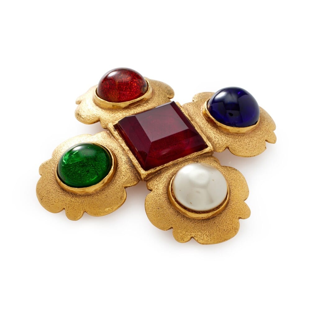 Multicolor Gripoix Glass, Imitation Pearl and Gold Metal Brooch, 1991