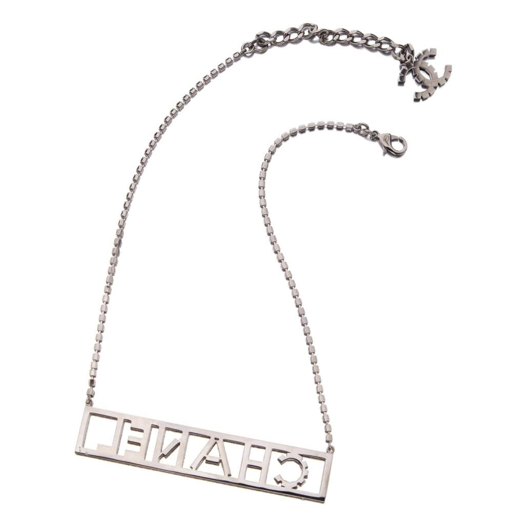 Black Strass and Ruthenium Metal Logo Necklace, 2018