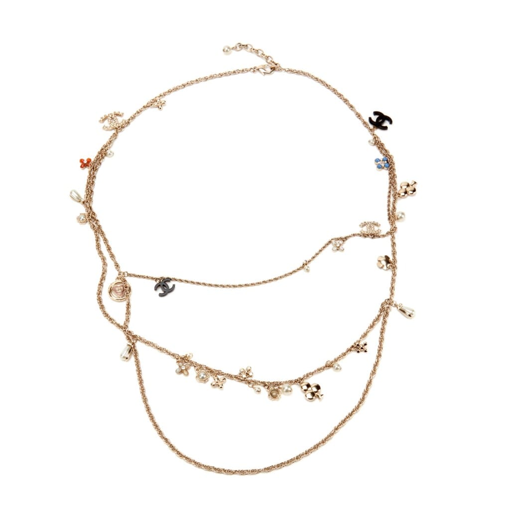 Multicolor Glass, Imitation Pearl, Strass and Pale Gold Metal Charm Necklace, 2019