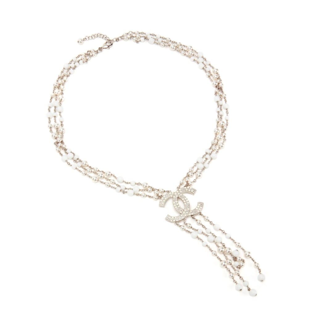 White Imitation Pearl, Glass and Strass CC Necklace, 2019