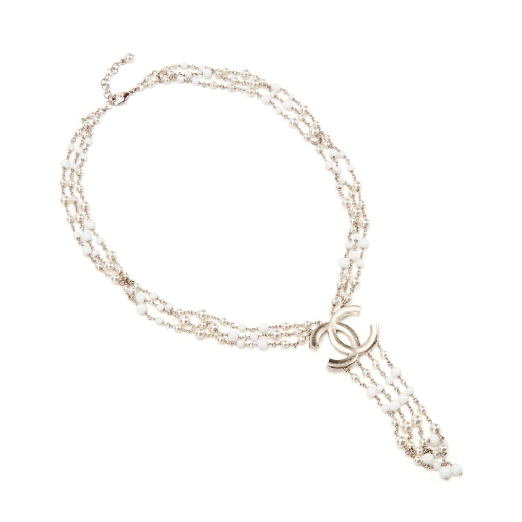 White Imitation Pearl, Glass and Strass CC Necklace, 2019