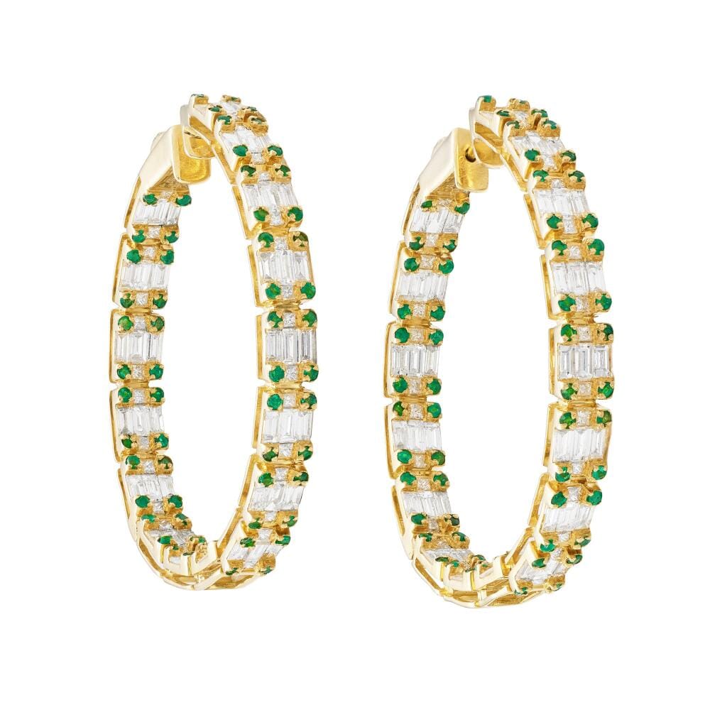 Gold, Diamond and Emerald Hoop Earrings