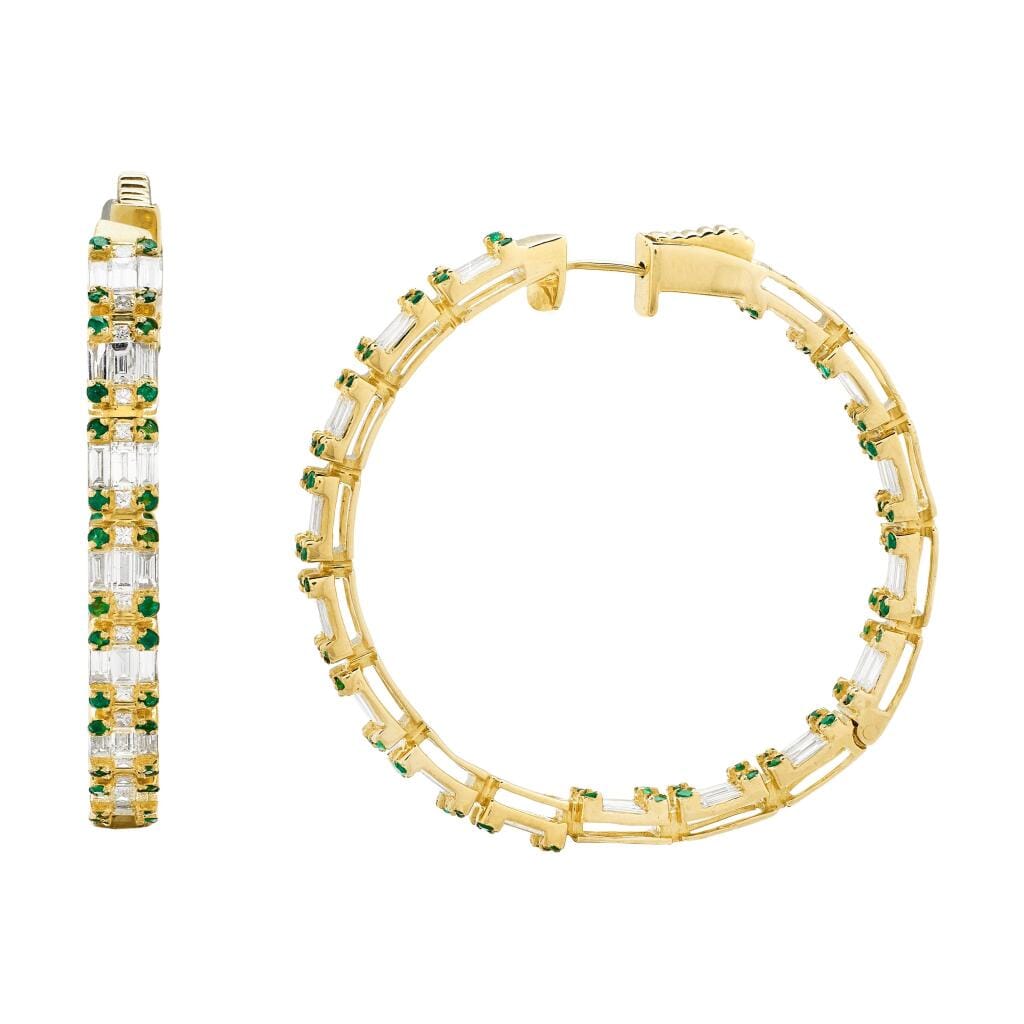 Gold, Diamond and Emerald Hoop Earrings