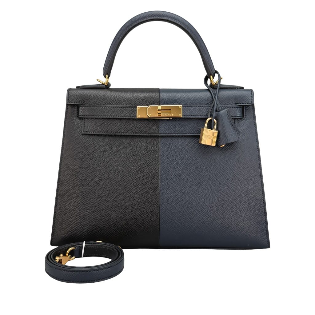 Black, Bleu Indigo and Bleu Frida Tri-Color Epsom Casaque Sellier Kelly 28 Gold Hardware, 2022