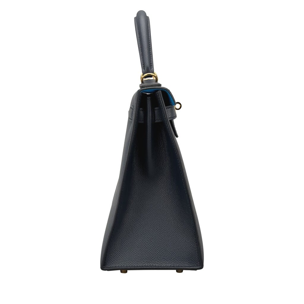Black, Bleu Indigo and Bleu Frida Tri-Color Epsom Casaque Sellier Kelly 28 Gold Hardware, 2022