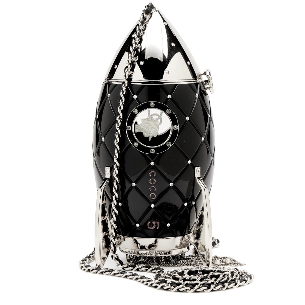 Black Plexiglass and Crystal Rocket Ship Evening Minaudière Bag Silver Hardware, 2017