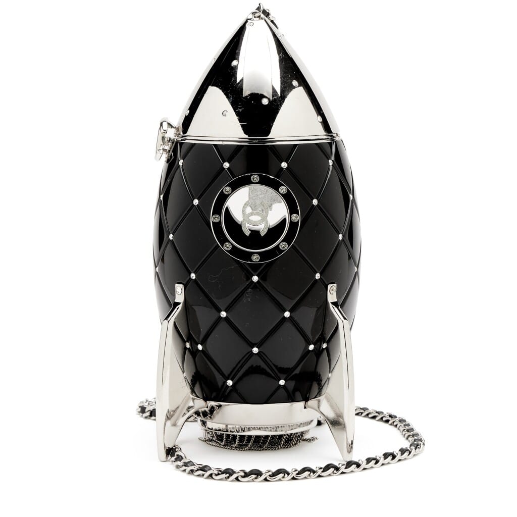 Black Plexiglass and Crystal Rocket Ship Evening Minaudière Bag Silver Hardware, 2017